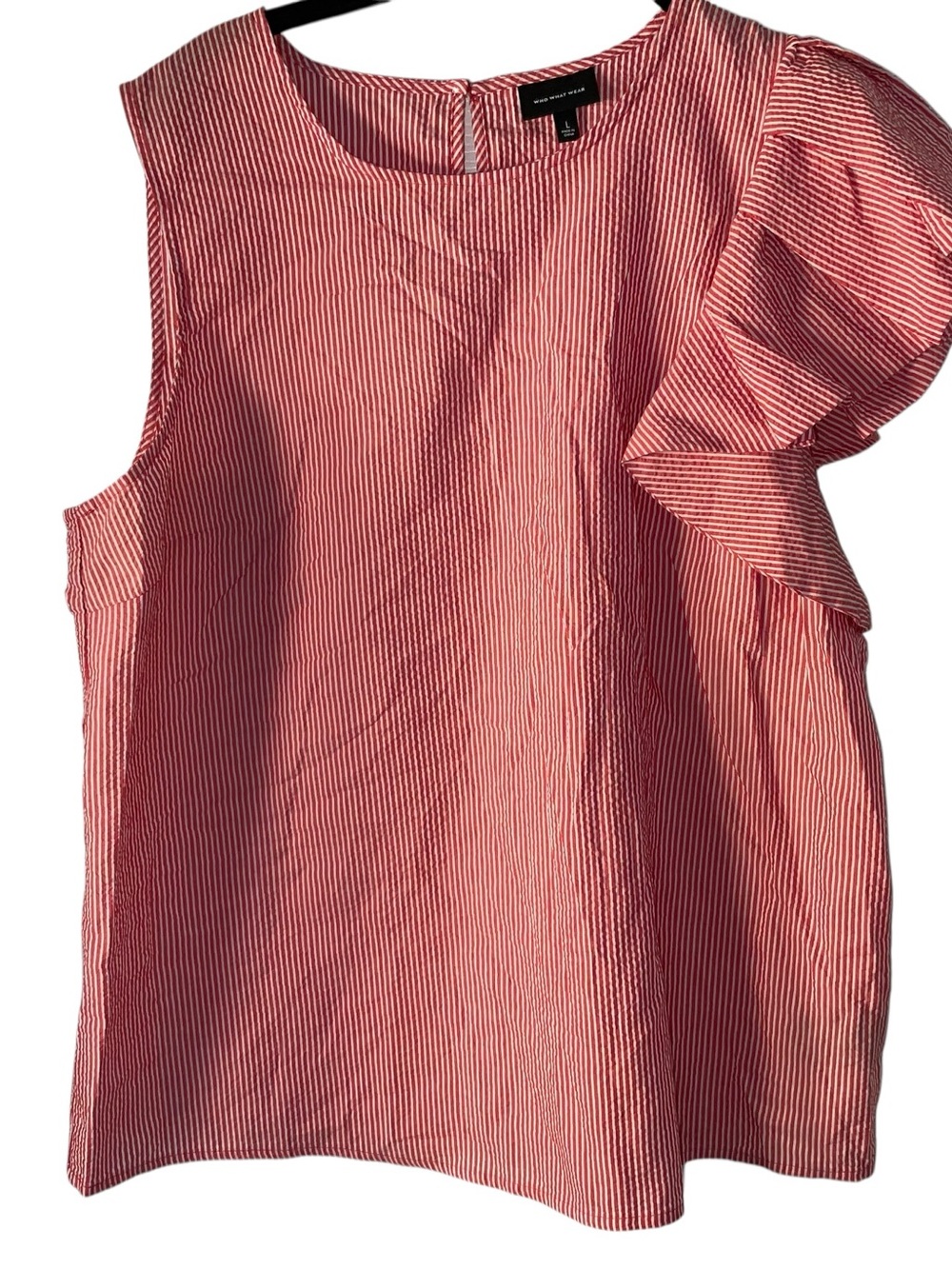 Who What Wear Pink & White Striped One-Shoulder Ruffle Tank
